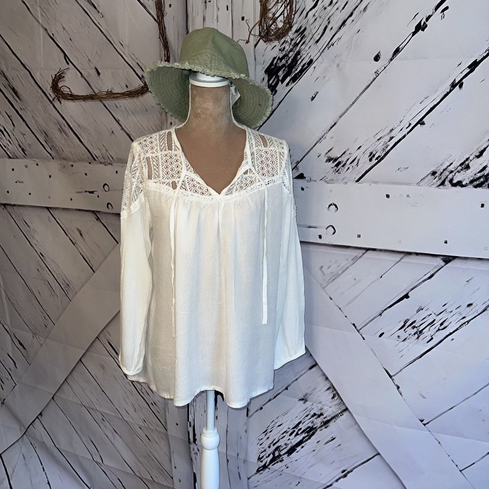 Off White Gauze Shirt Long Sleeve Lace Shirt